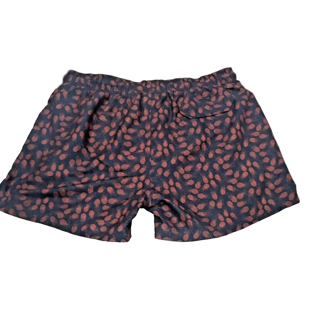 Mens Navy Blue Pineapple Print Swim Trunks Elastic Waist Drawstring Shorts